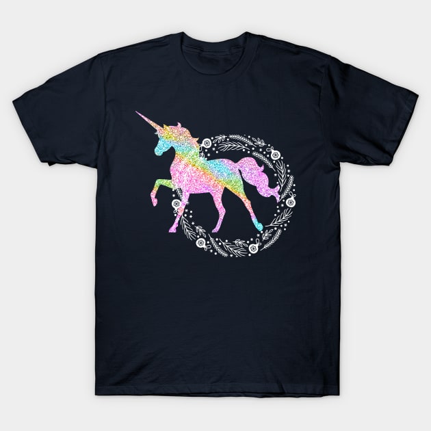 Sparkle rainbow unicorn white holiday wreath T-Shirt by PersianFMts